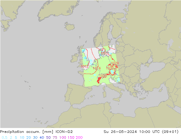 Precipitation accum. ICON-D2 星期日 26.05.2024 10 UTC