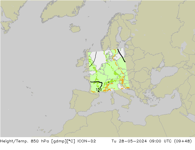 Height/Temp. 850 hPa ICON-D2 Di 28.05.2024 09 UTC