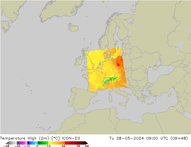 Темпер. макс 2т ICON-D2 вт 28.05.2024 09 UTC