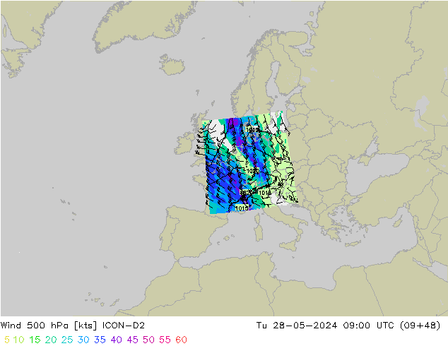 Rüzgar 500 hPa ICON-D2 Sa 28.05.2024 09 UTC