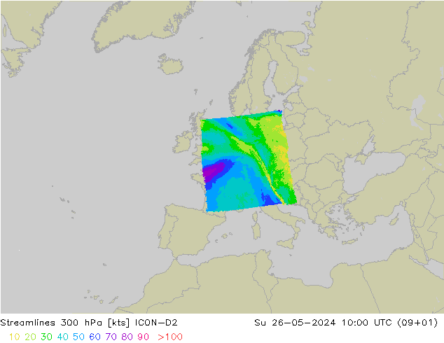 Linia prądu 300 hPa ICON-D2 nie. 26.05.2024 10 UTC