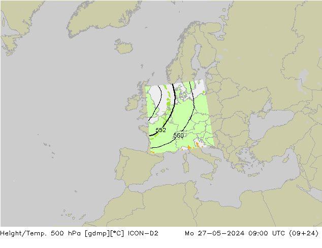 Height/Temp. 500 hPa ICON-D2 Mo 27.05.2024 09 UTC