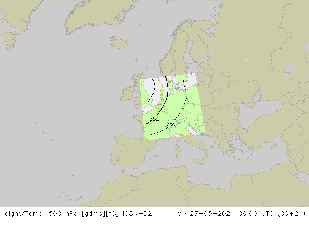 Height/Temp. 500 hPa ICON-D2 Mo 27.05.2024 09 UTC