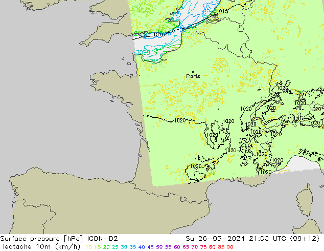 Eşrüzgar Hızları (km/sa) ICON-D2 Paz 26.05.2024 21 UTC