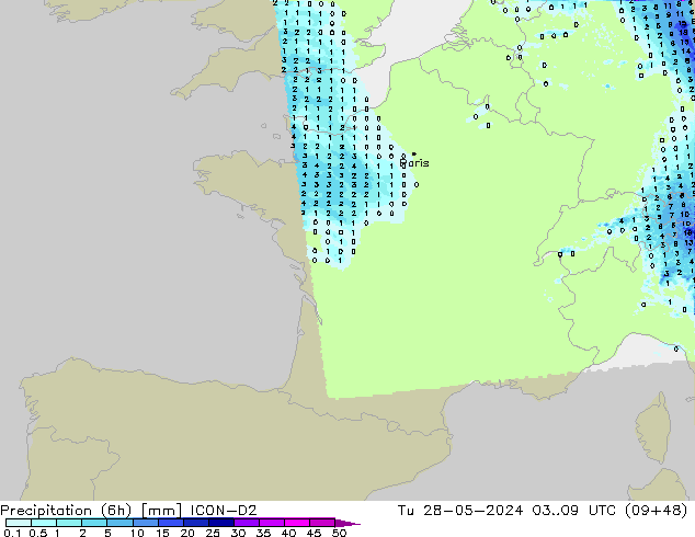 Precipitation (6h) ICON-D2 Tu 28.05.2024 09 UTC