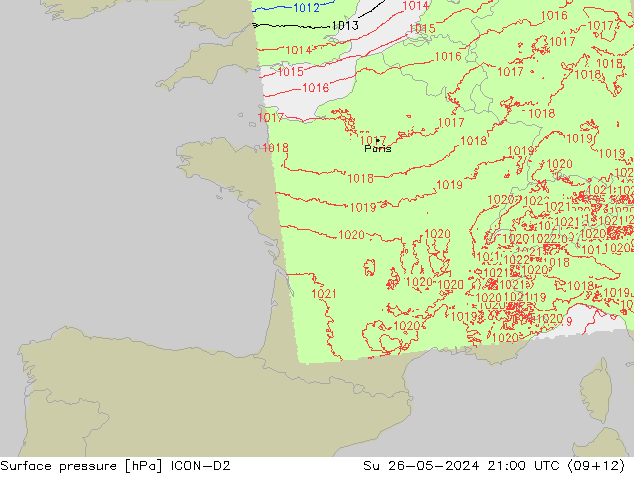 Surface pressure ICON-D2 Su 26.05.2024 21 UTC