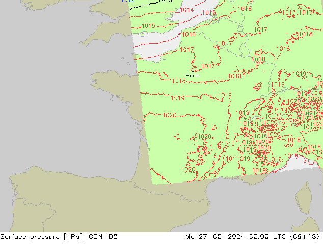 Surface pressure ICON-D2 Mo 27.05.2024 03 UTC