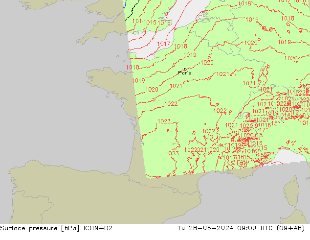 Surface pressure ICON-D2 Tu 28.05.2024 09 UTC