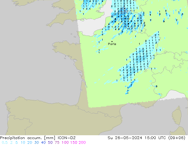 Precipitation accum. ICON-D2 Dom 26.05.2024 15 UTC