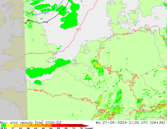 Windböen ICON-D2 Mo 27.05.2024 21 UTC