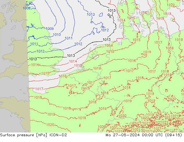 Surface pressure ICON-D2 Mo 27.05.2024 00 UTC