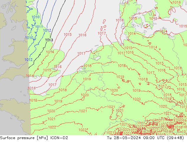 Atmosférický tlak ICON-D2 Út 28.05.2024 09 UTC