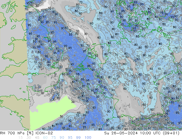 RH 700 hPa ICON-D2 Su 26.05.2024 10 UTC