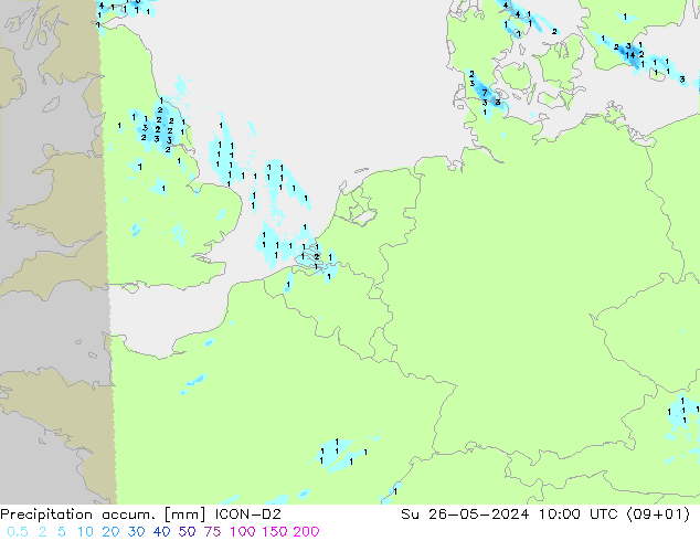 Precipitation accum. ICON-D2 星期日 26.05.2024 10 UTC