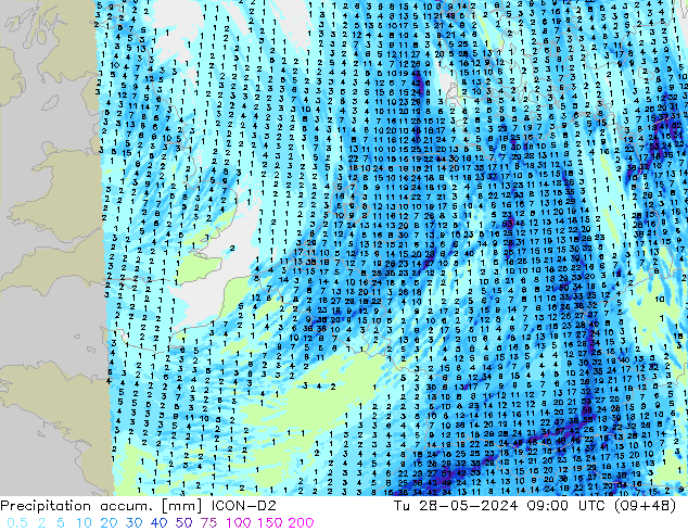 Precipitation accum. ICON-D2 mar 28.05.2024 09 UTC