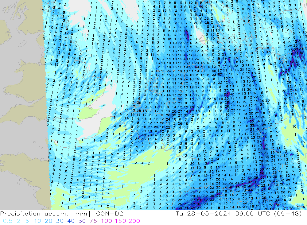 Precipitation accum. ICON-D2 вт 28.05.2024 09 UTC