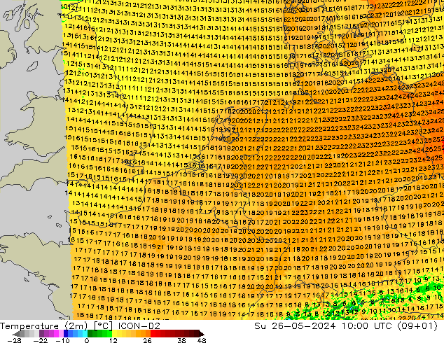 Temperature (2m) ICON-D2 Su 26.05.2024 10 UTC