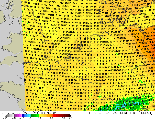 Temperatura (2m) ICON-D2 mar 28.05.2024 09 UTC