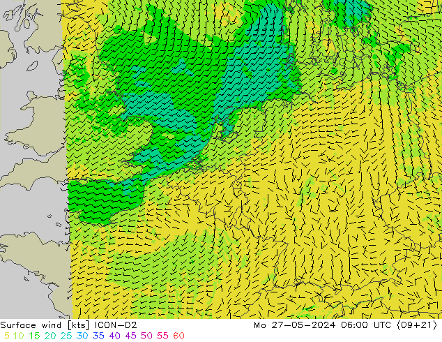 wiatr 10 m ICON-D2 pon. 27.05.2024 06 UTC