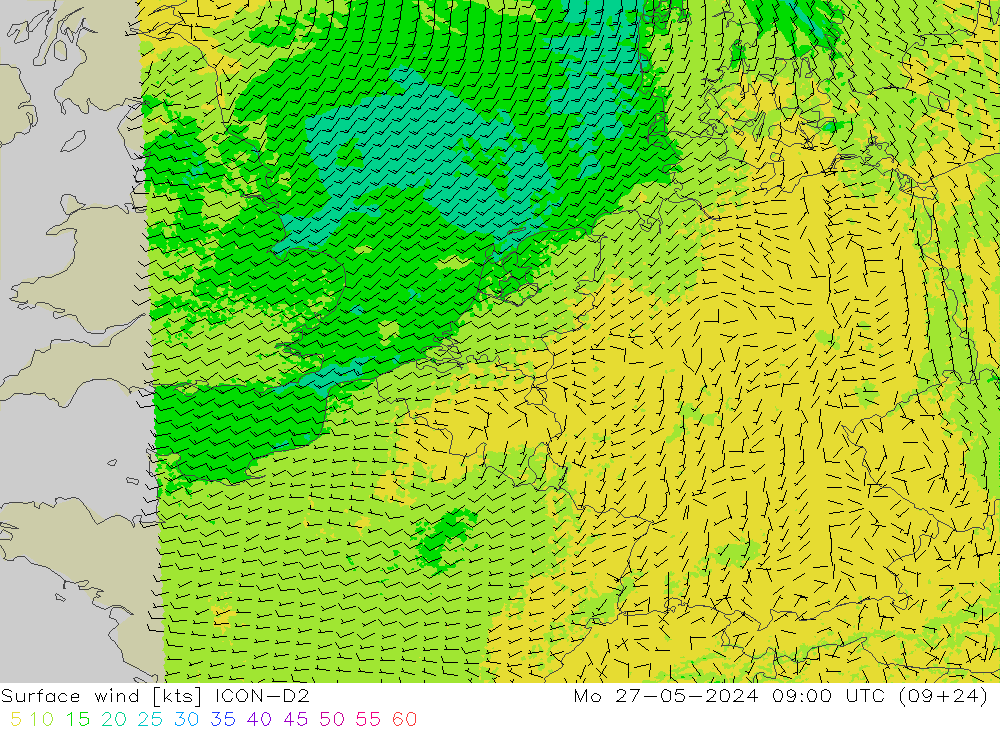 Vento 10 m ICON-D2 Seg 27.05.2024 09 UTC