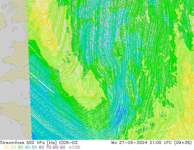 Linea di flusso 500 hPa ICON-D2 lun 27.05.2024 21 UTC