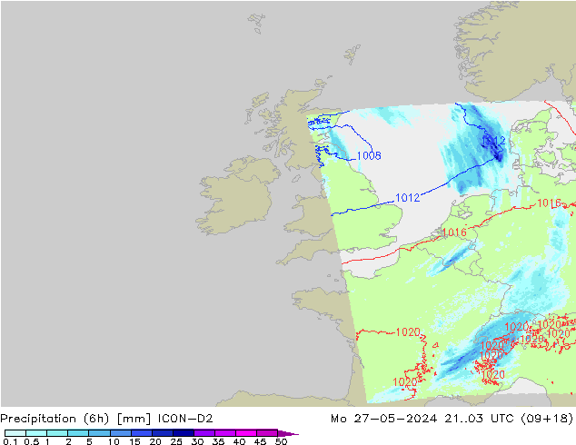 Totale neerslag (6h) ICON-D2 ma 27.05.2024 03 UTC