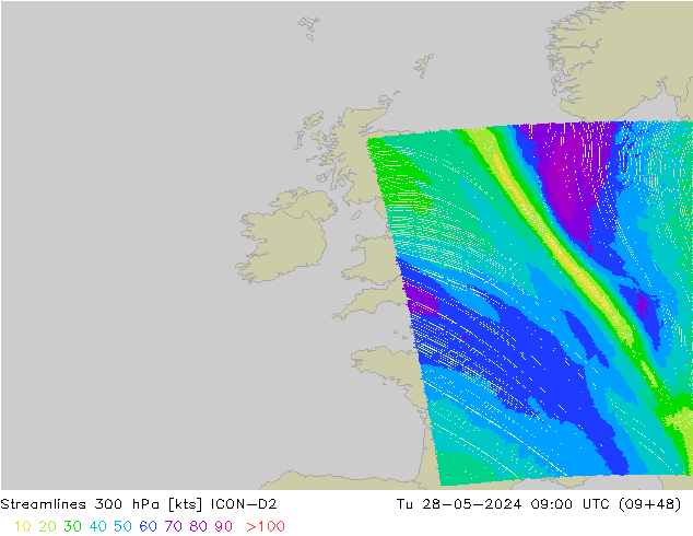 Linea di flusso 300 hPa ICON-D2 mar 28.05.2024 09 UTC