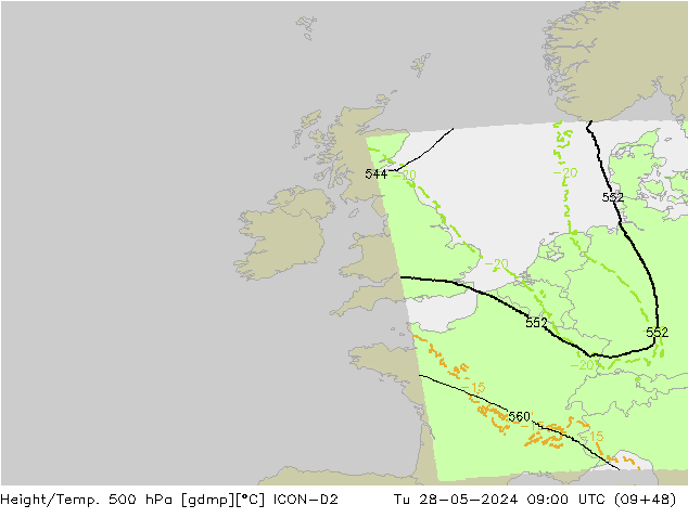 Height/Temp. 500 hPa ICON-D2 wto. 28.05.2024 09 UTC