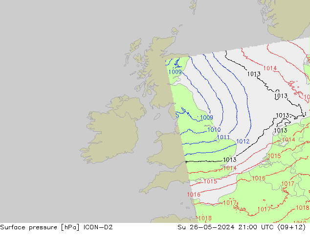 Pressione al suolo ICON-D2 dom 26.05.2024 21 UTC