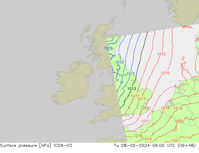 Atmosférický tlak ICON-D2 Út 28.05.2024 09 UTC