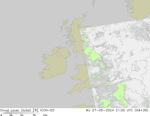 Nubes (total) ICON-D2 lun 27.05.2024 21 UTC