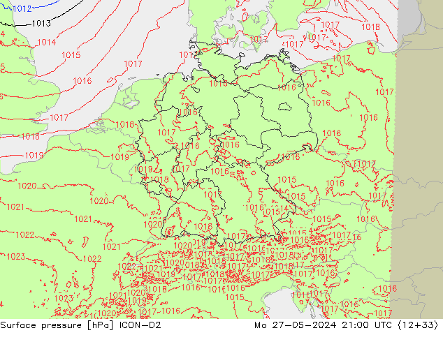 Surface pressure ICON-D2 Mo 27.05.2024 21 UTC