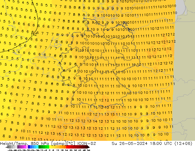 Geop./Temp. 850 hPa ICON-D2 dom 26.05.2024 18 UTC