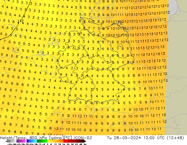 Height/Temp. 850 hPa ICON-D2 Tu 28.05.2024 12 UTC