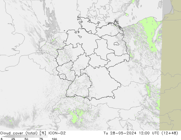 Cloud cover (total) ICON-D2 Tu 28.05.2024 12 UTC