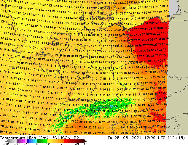 Temperature High (2m) ICON-D2 Tu 28.05.2024 12 UTC