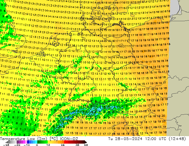 Min. Temperatura (2m) ICON-D2 wto. 28.05.2024 12 UTC