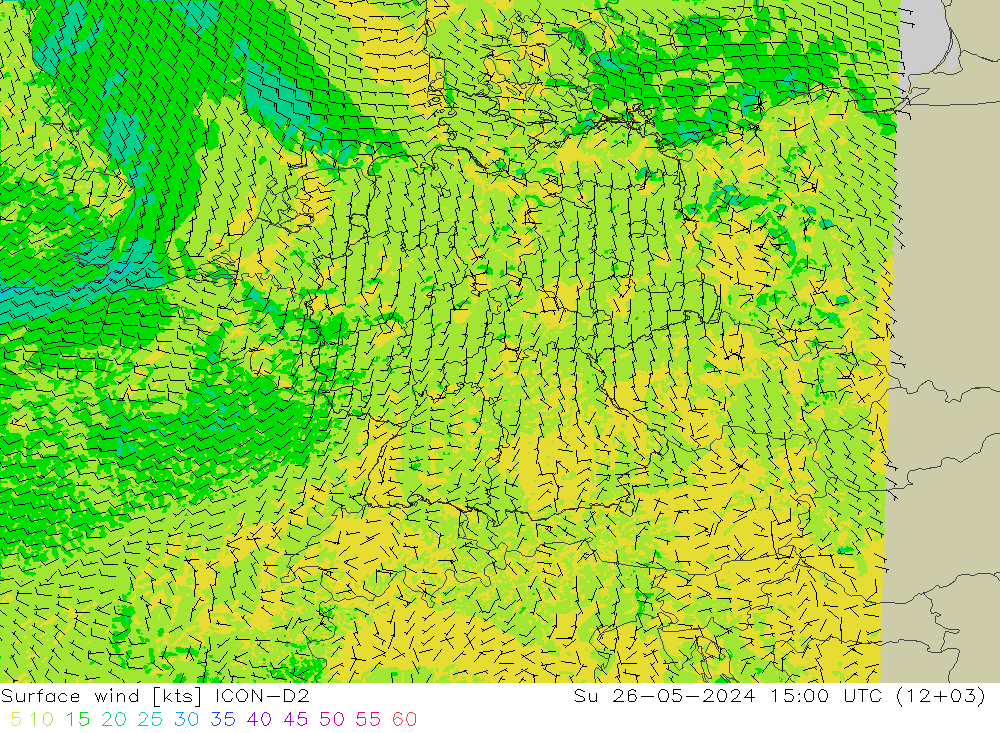 Rüzgar 10 m ICON-D2 Paz 26.05.2024 15 UTC