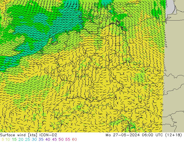 Viento 10 m ICON-D2 lun 27.05.2024 06 UTC