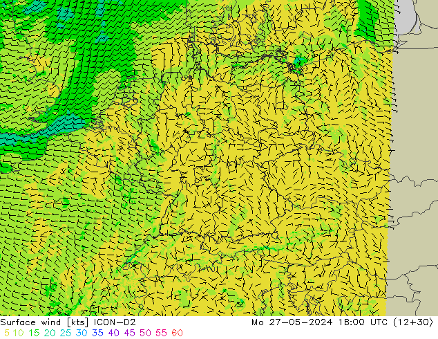 Surface wind ICON-D2 Po 27.05.2024 18 UTC