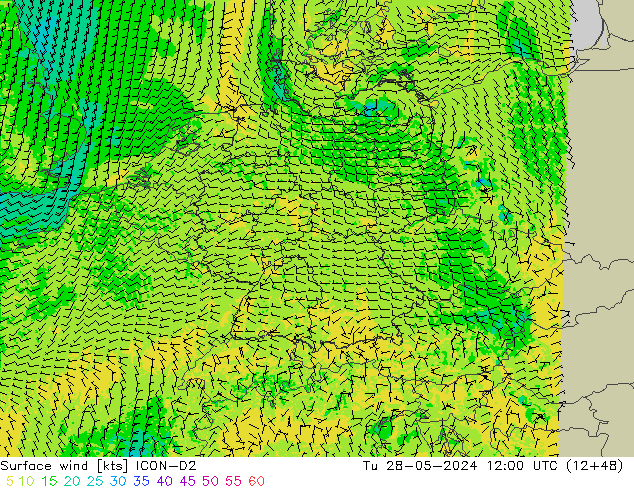 Surface wind ICON-D2 Út 28.05.2024 12 UTC