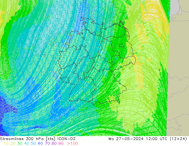 Línea de corriente 300 hPa ICON-D2 lun 27.05.2024 12 UTC