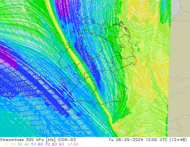 ветер 300 гПа ICON-D2 вт 28.05.2024 12 UTC