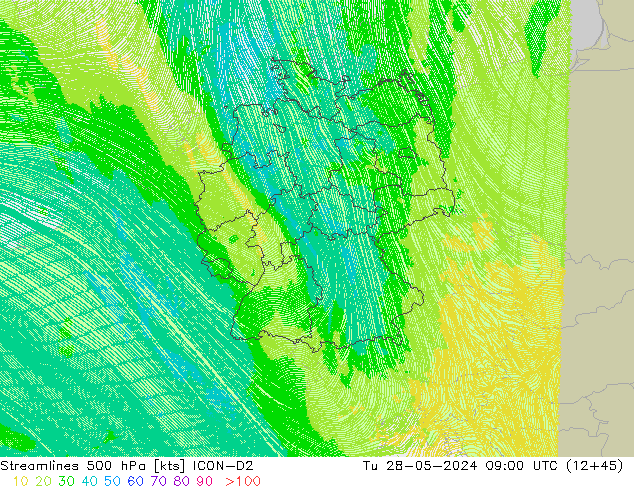 Streamlines 500 hPa ICON-D2 Tu 28.05.2024 09 UTC