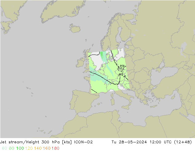 Jet stream/Height 300 hPa ICON-D2 Tu 28.05.2024 12 UTC