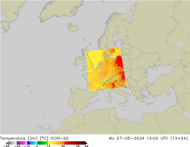 Temperatuurkaart (2m) ICON-D2 ma 27.05.2024 12 UTC