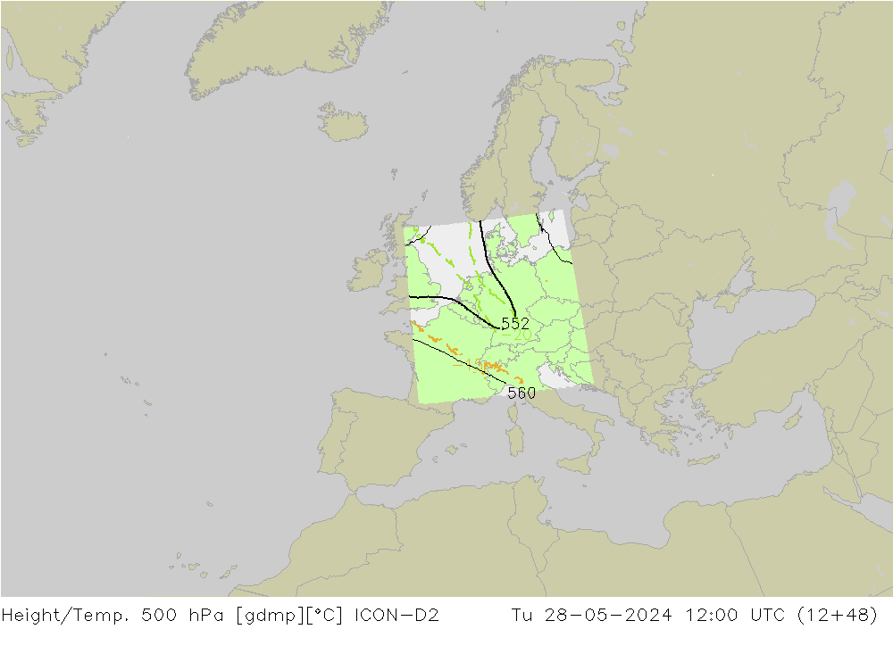 Géop./Temp. 500 hPa ICON-D2 mar 28.05.2024 12 UTC