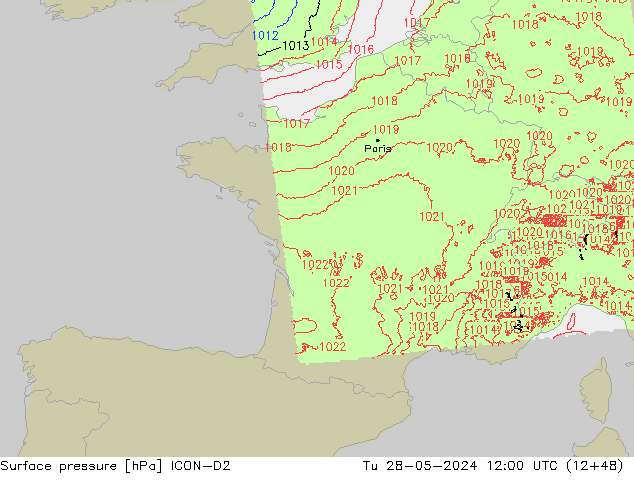 Pressione al suolo ICON-D2 mar 28.05.2024 12 UTC