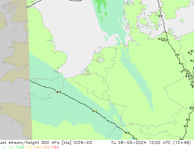 Jet stream/Height 300 hPa ICON-D2 Tu 28.05.2024 12 UTC