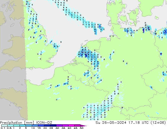 Srážky ICON-D2 Ne 26.05.2024 18 UTC